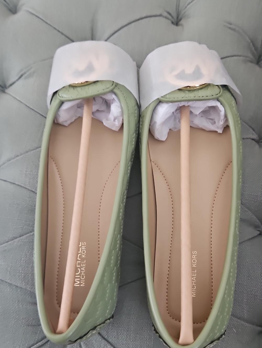 Michael Kors Quilted Sage Green Ballet Flats with Gold Accent